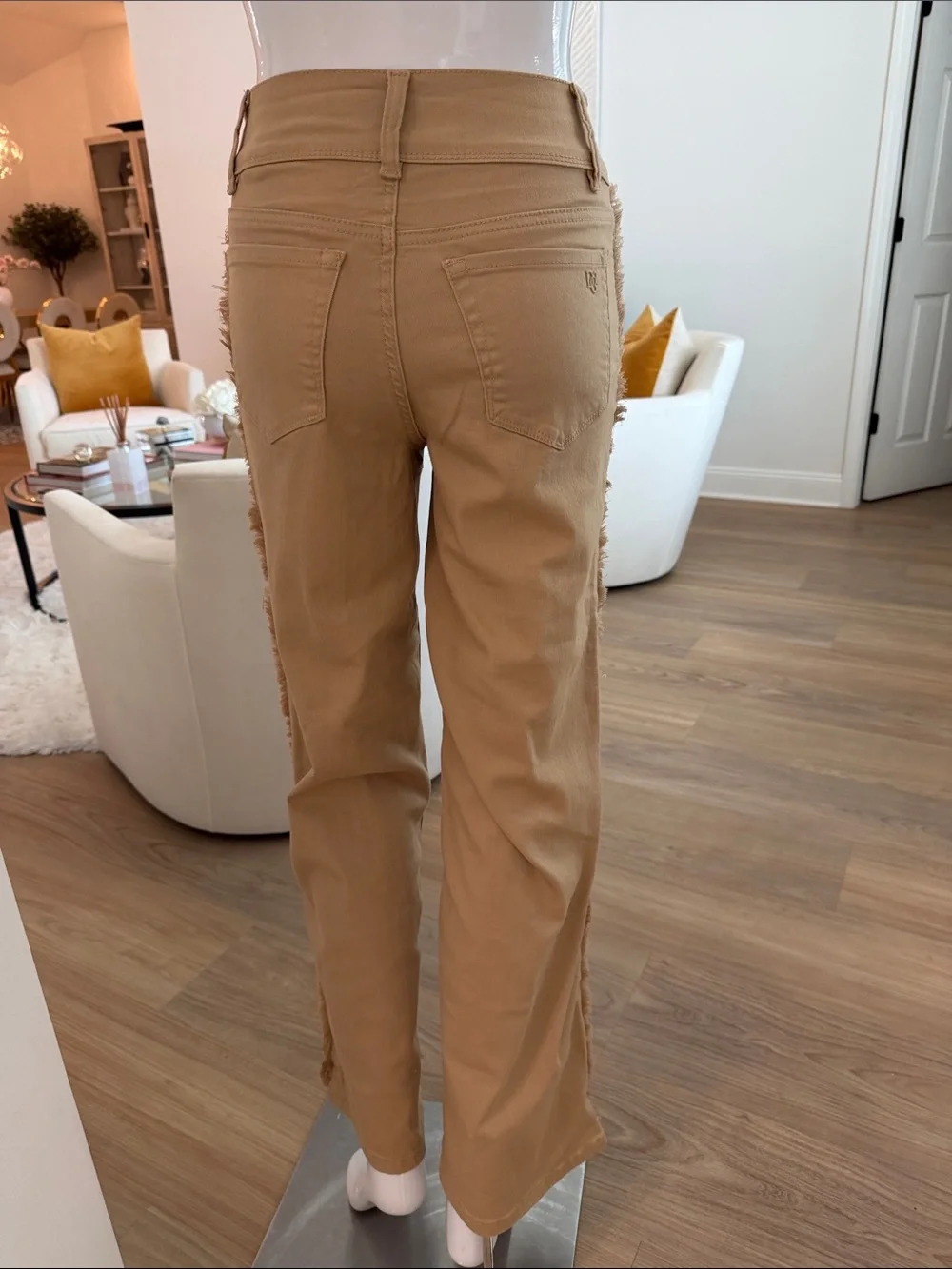 DG2  Tan Straight-Leg Jeans with Frayed Side Trim